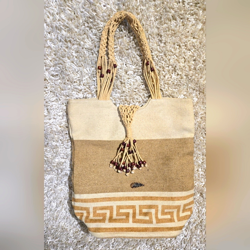Avani Macrame Linen Jute (Division of Sun & Sand) Tan and Cream Beaded Deep Tote